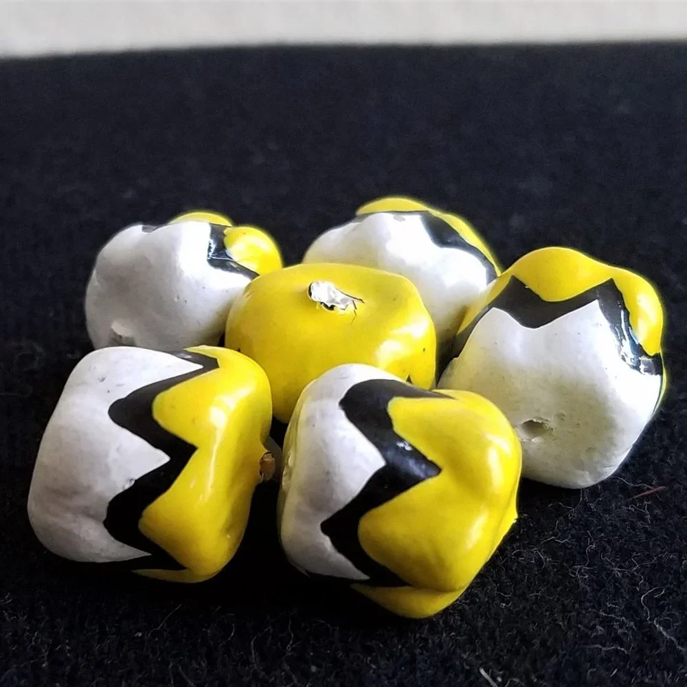 6 handpainted BEADS yellow white black papier mache lot last set!